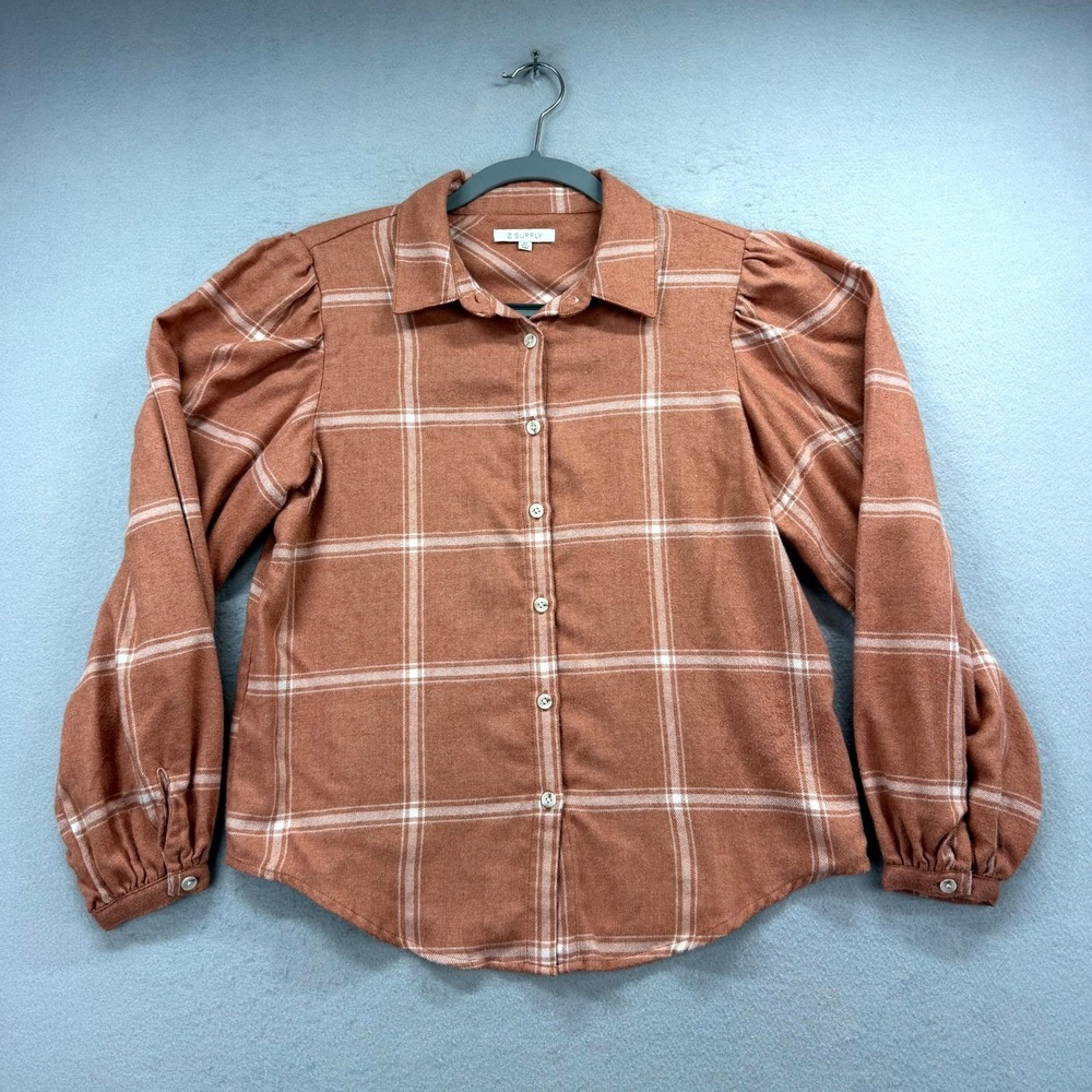 Z Supply Blouse Top Women XS Brown Overland Plaid Puff Sleeve Button Up Flannel
